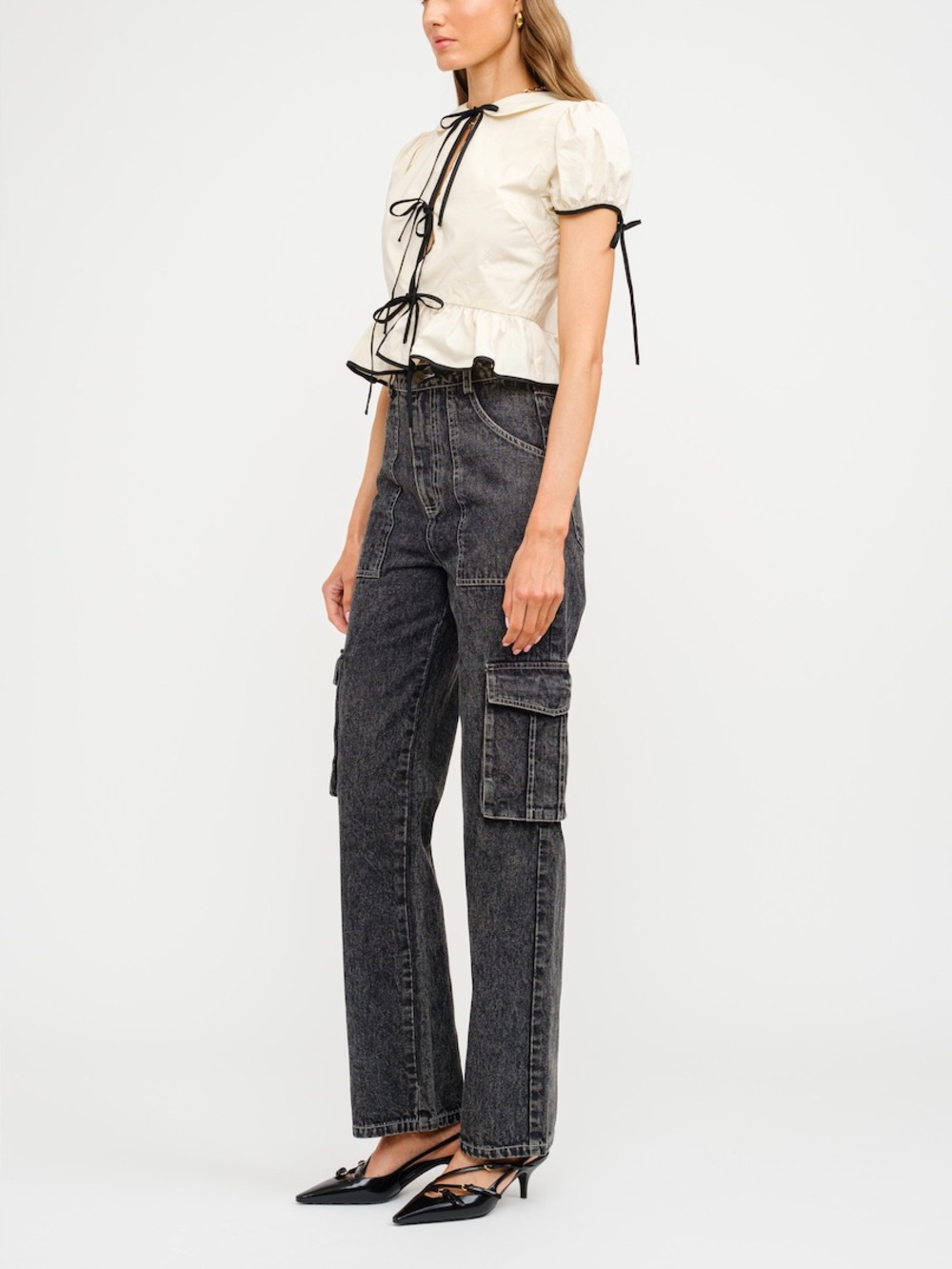 Wide leg black acid wash cargo jeans